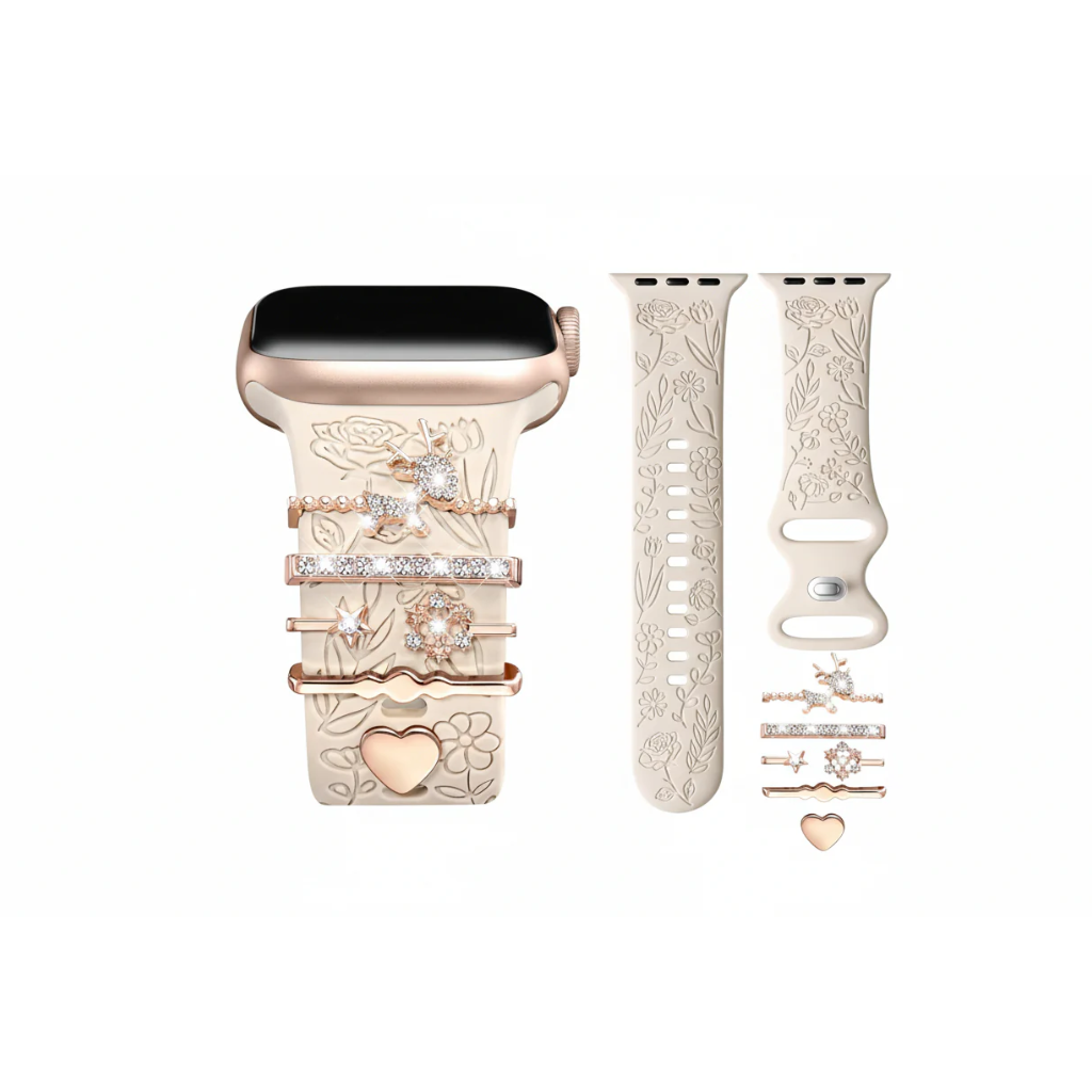 Engraved Flower Watch Band with Decorative Charms