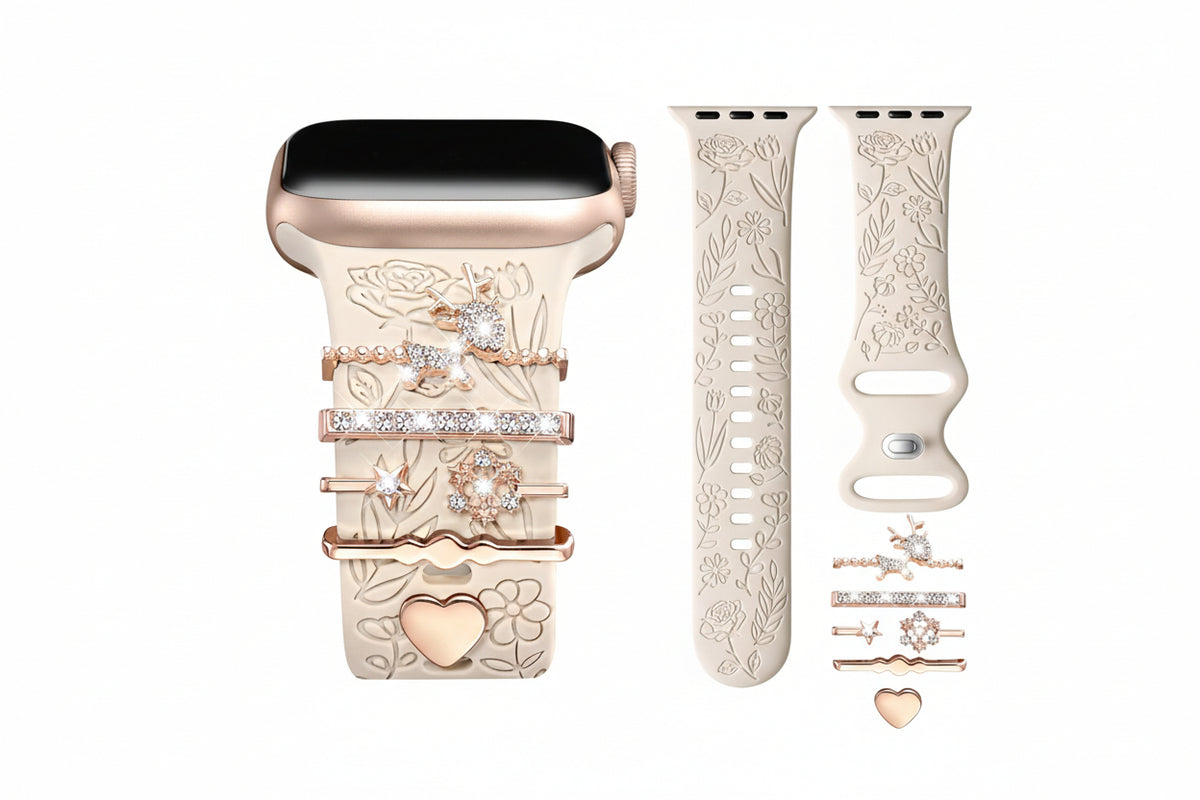 Engraved Flower Watch Band with Decorative Charms