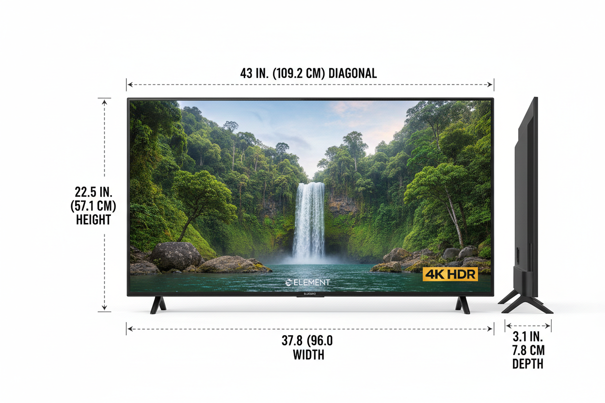 Element 43" Class 4K UHD (2160p) LED XUMO Smart Television HDR, white background, show dimensions