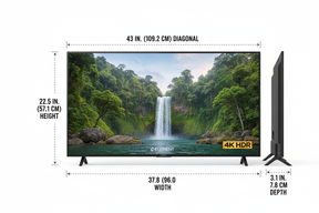 Element 43" Class 4K UHD (2160p) LED XUMO Smart Television HDR, white background, show dimensions