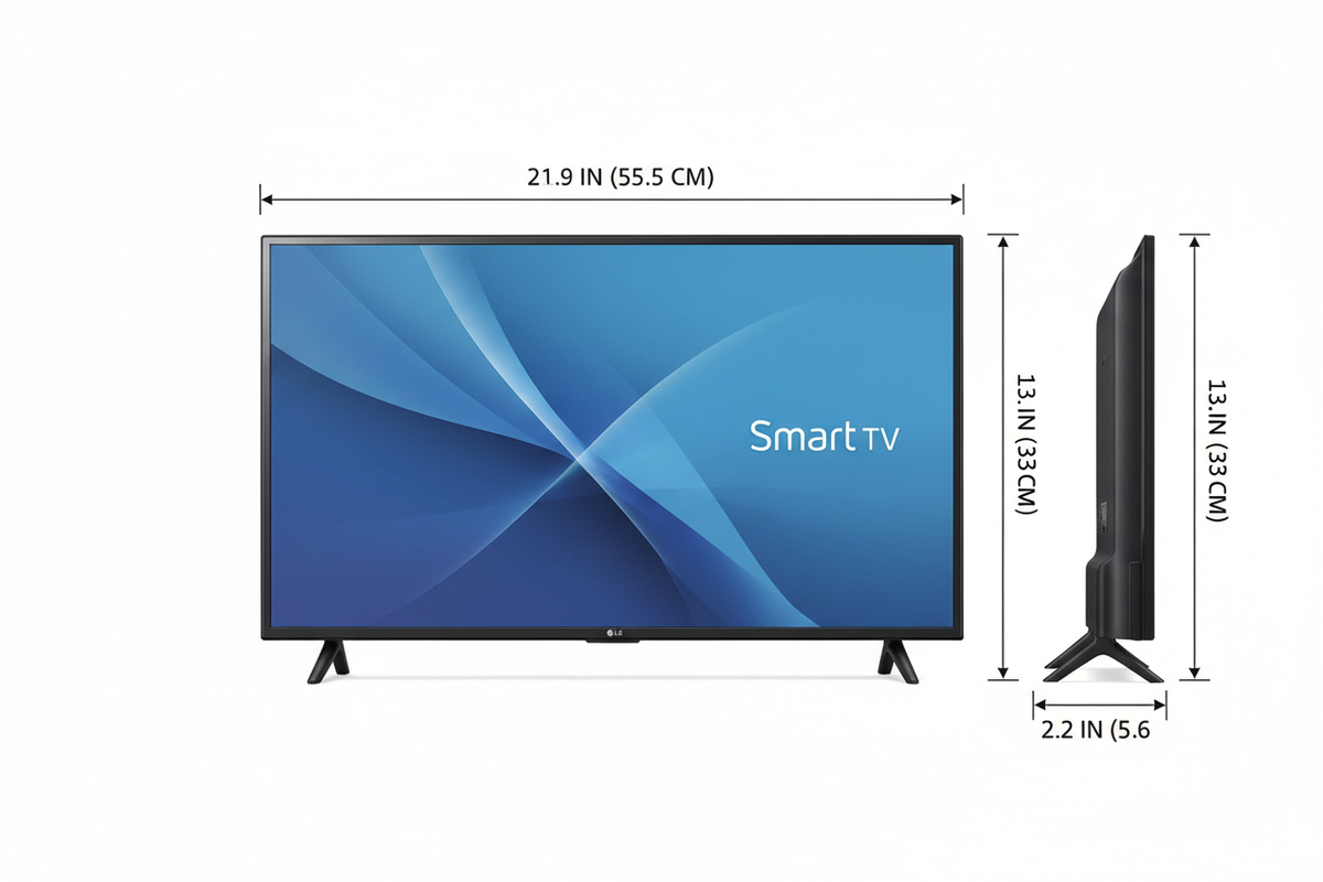 LG 24LQ520S-PU 24 inch Class LED HD Smart TV, white background, tv dimensions