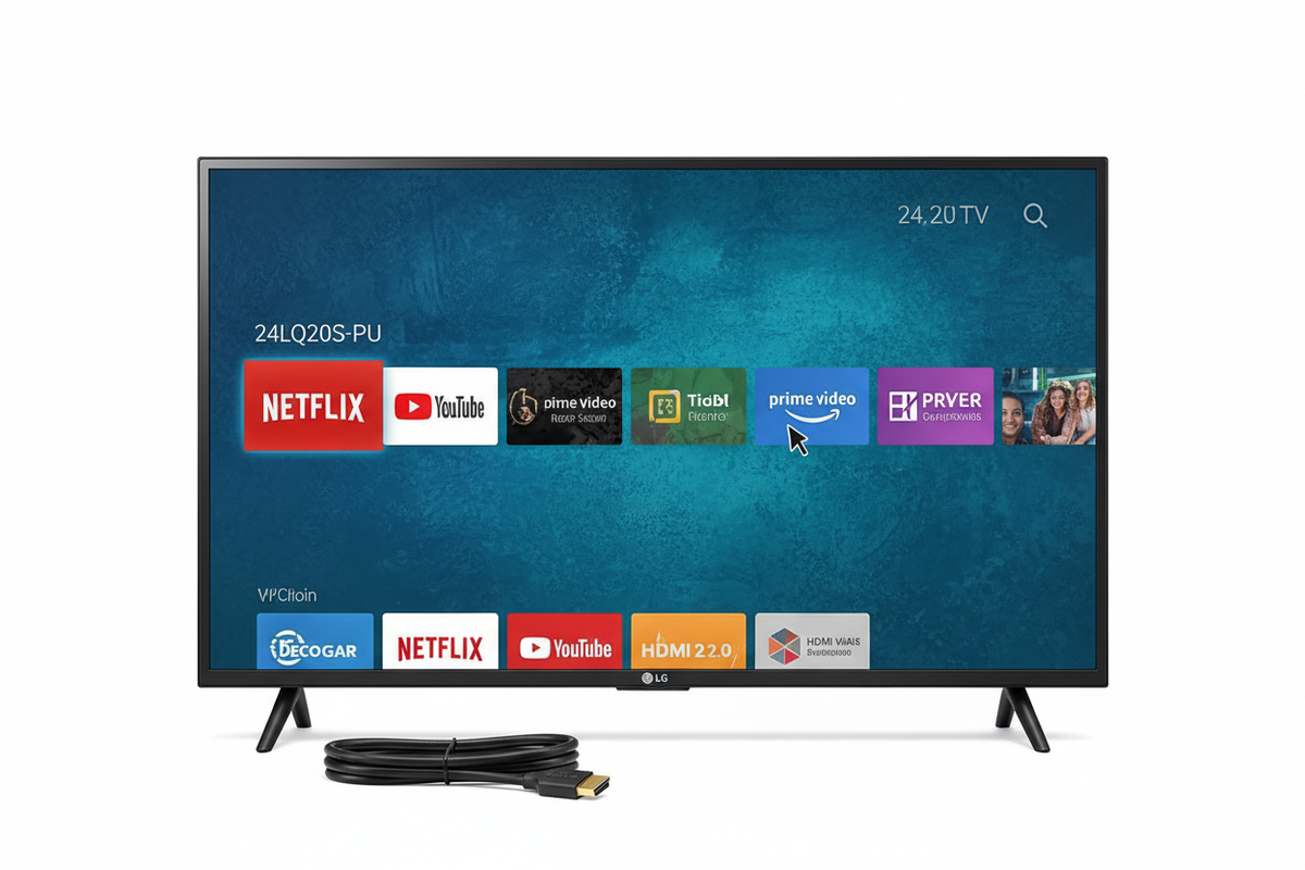 LG 24LQ520S-PU 24 inch Class LED HD Smart TV with webOS Bundle with Deco Gear 6FT 4K HDMI 2.0 Cable, white background